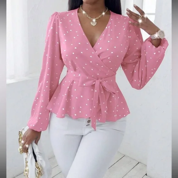 Hearts print belted peplum blouse - Picture 6 of 16